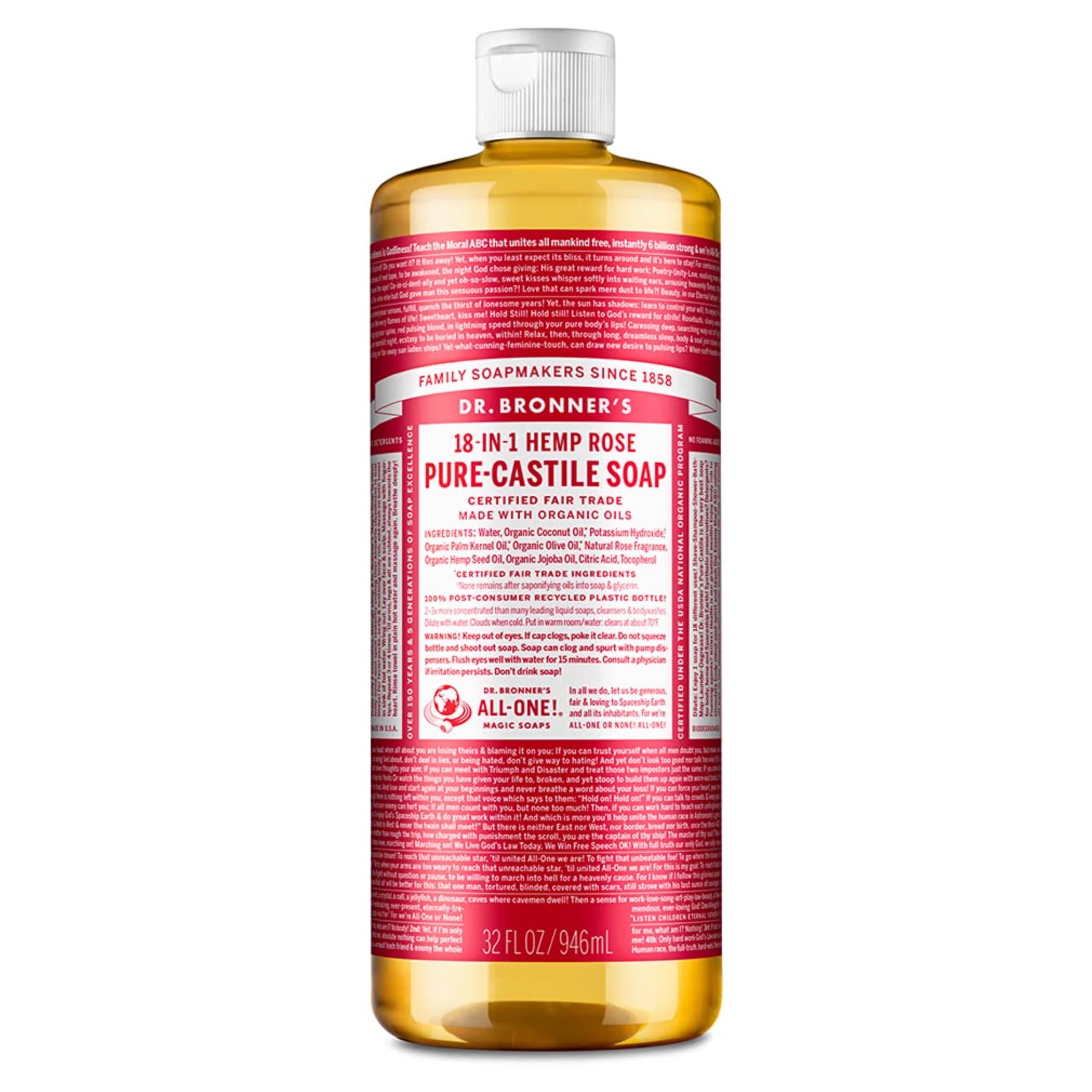 Organic Castile Liquid Soap Rose Dr. Bronner's 32 oz Liquid